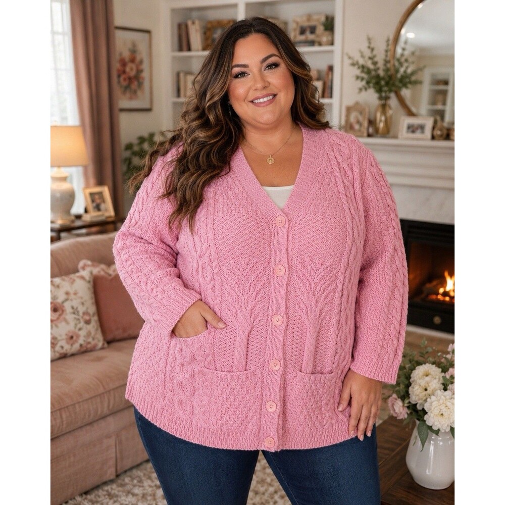 Kilronan Knitwear Merino 100% Wool Pink Irish Women’s Cardigan Sweater  XXL NWOT